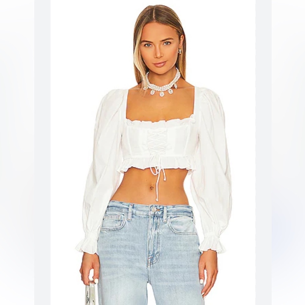 NWT For Love And Lemons Heather White Puff Sleeve Cotton Crop Top Small